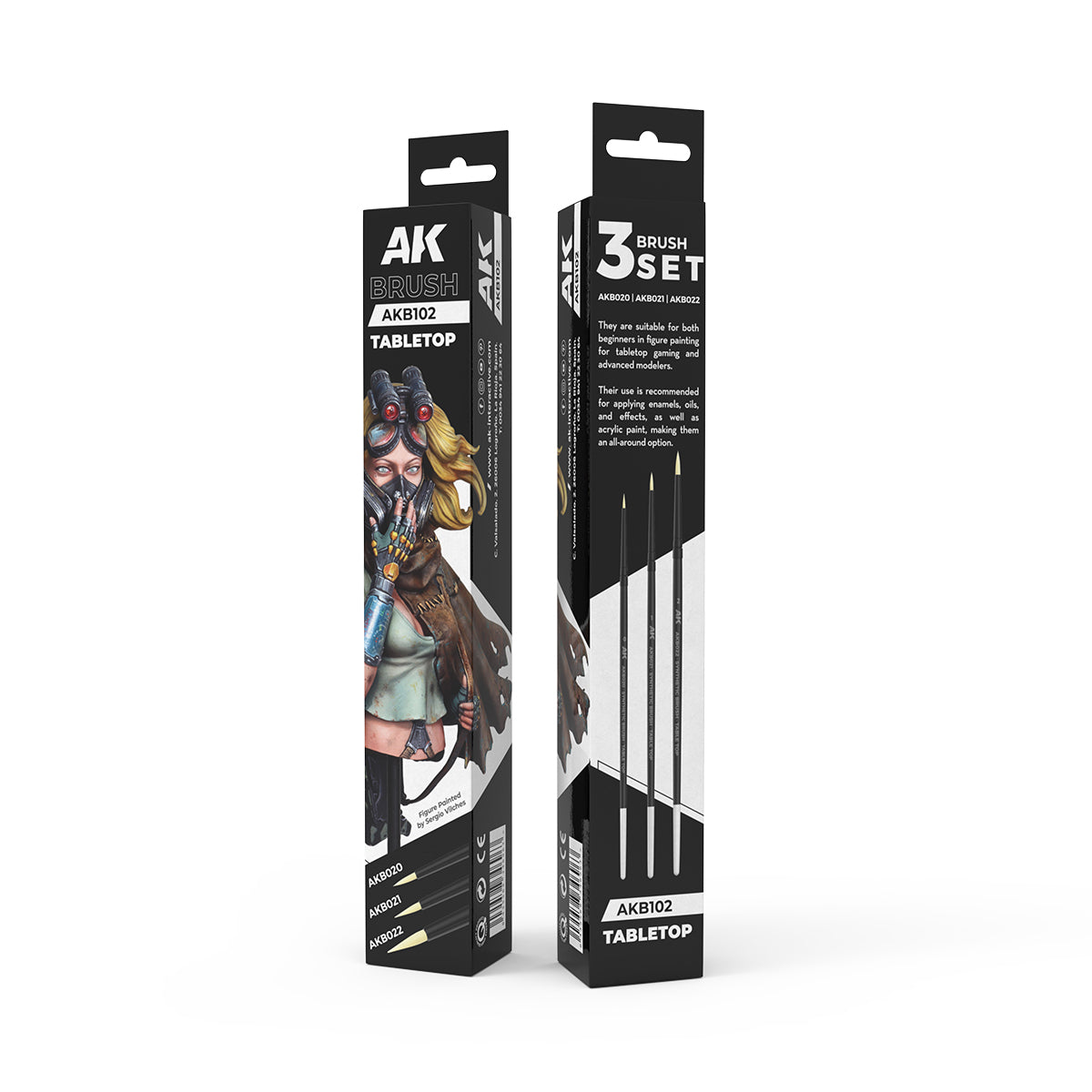 Black AK Brush Tabletop 3-brush set packaging, showing three brushes and a painted miniature figure