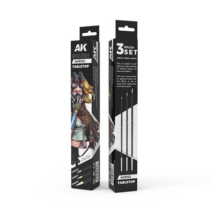 Black AK Brush Tabletop 3-brush set packaging, showing three brushes and a painted miniature figure