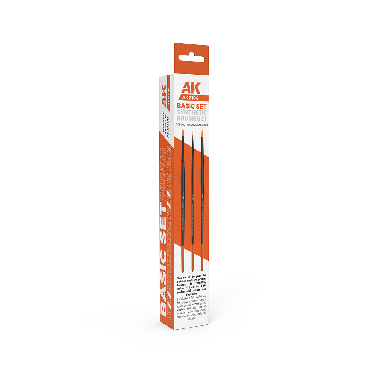 AK AKB104 Basic Set of 3 synthetic paintbrushes (flat, 2 round) in an orange and white display box
