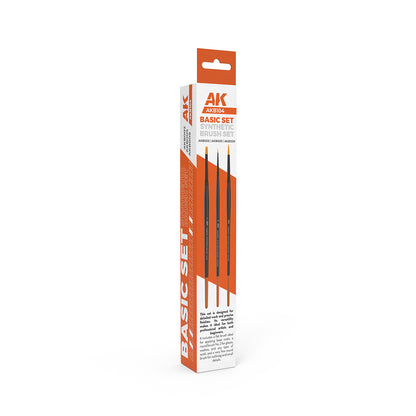 AK AKB104 Basic Set of 3 synthetic paintbrushes (flat, 2 round) in an orange and white display box