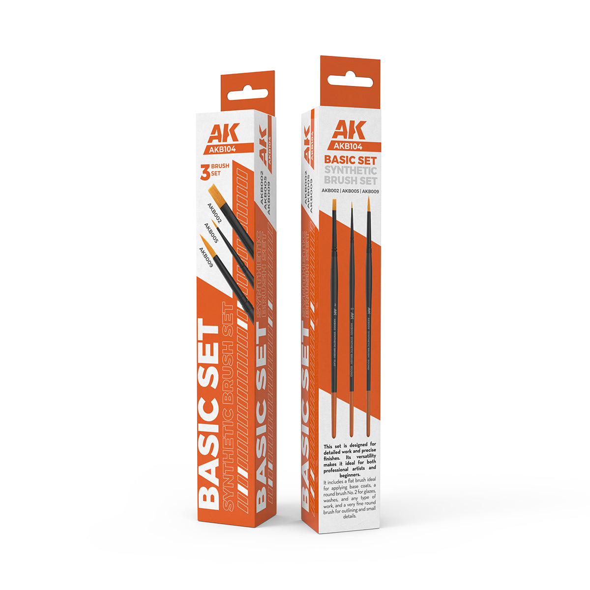 Two orange and white AK Basic Set Synthetic Brush Set boxes. One displays the three brushes inside