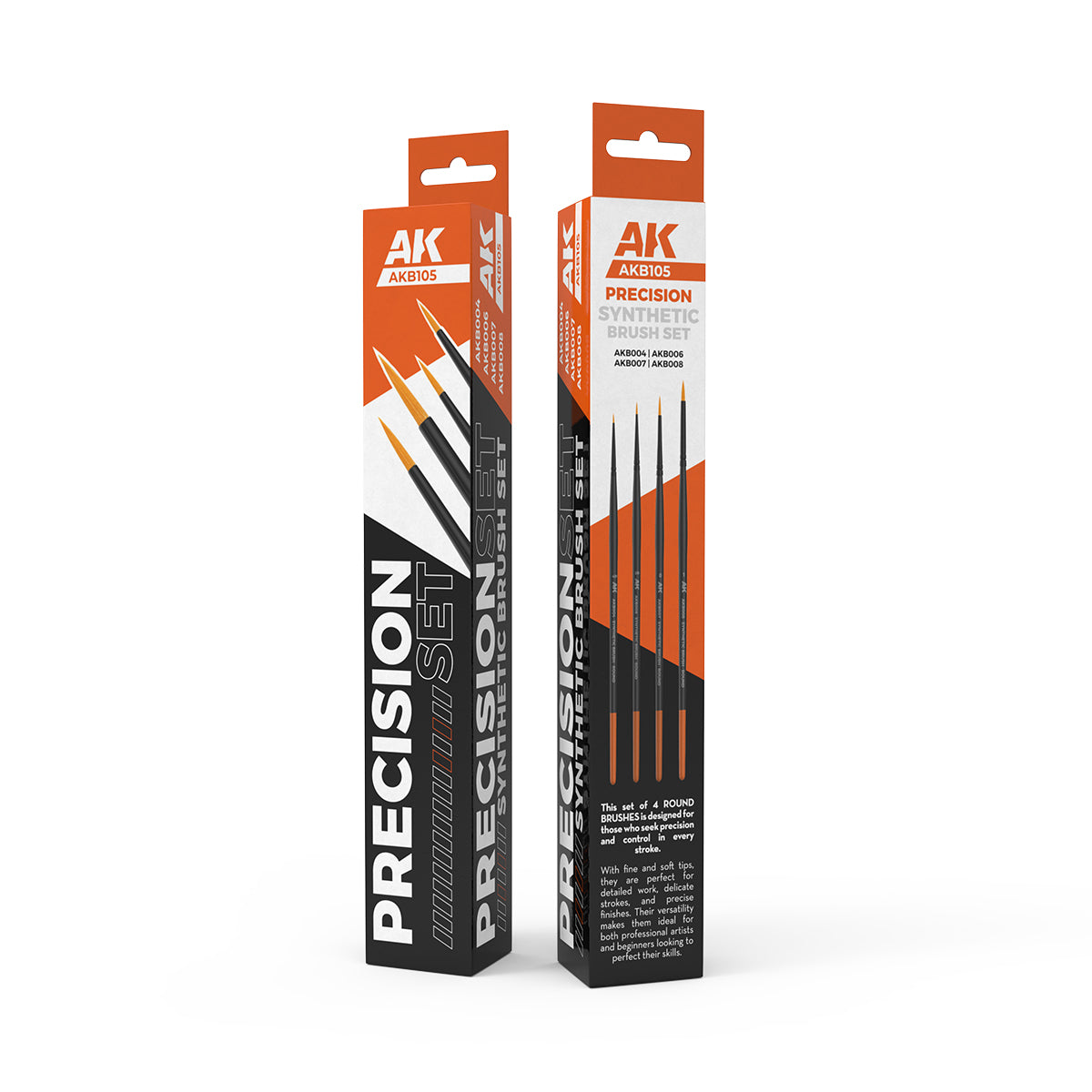 Two tall orange and black boxes for AK Interactive Precision Brushes 4-Pieces Set display four fine-tipped black paintbrushes with orange ferrules