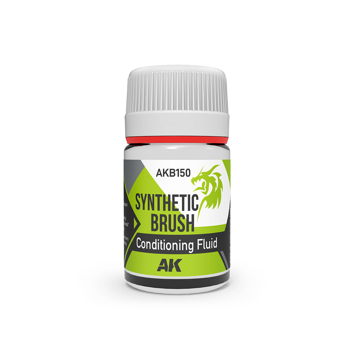 A small bottle of AK Synthetic Brush Conditioning Fluid with a green label and dragon logo