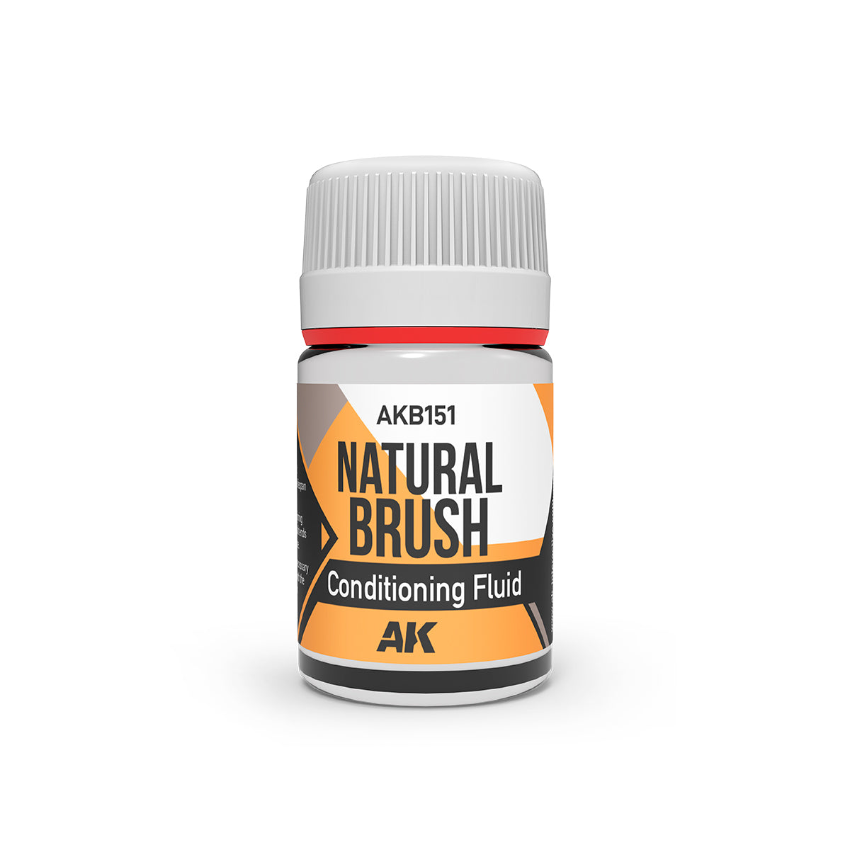 A white bottle of AK Natural Brush Conditioning Fluid -  with an orange and black label