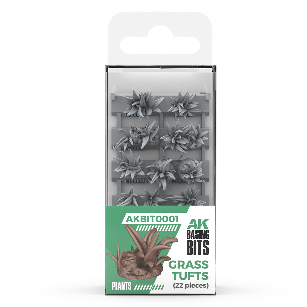 AK Basing Bits kit of 22 gray miniature plastic plants (succulent/grass tufts) for model basing, in retail packaging