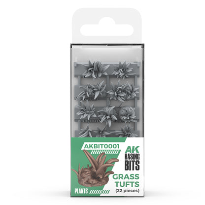 AK Basing Bits kit of 22 gray miniature plastic plants (succulent/grass tufts) for model basing, in retail packaging