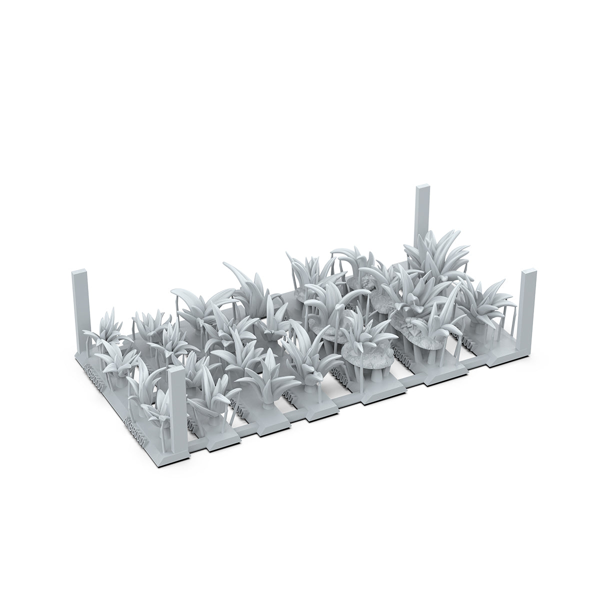 Unpainted gray miniature plastic sprue featuring various model plants, tropical foliage, and bushes for dioramas