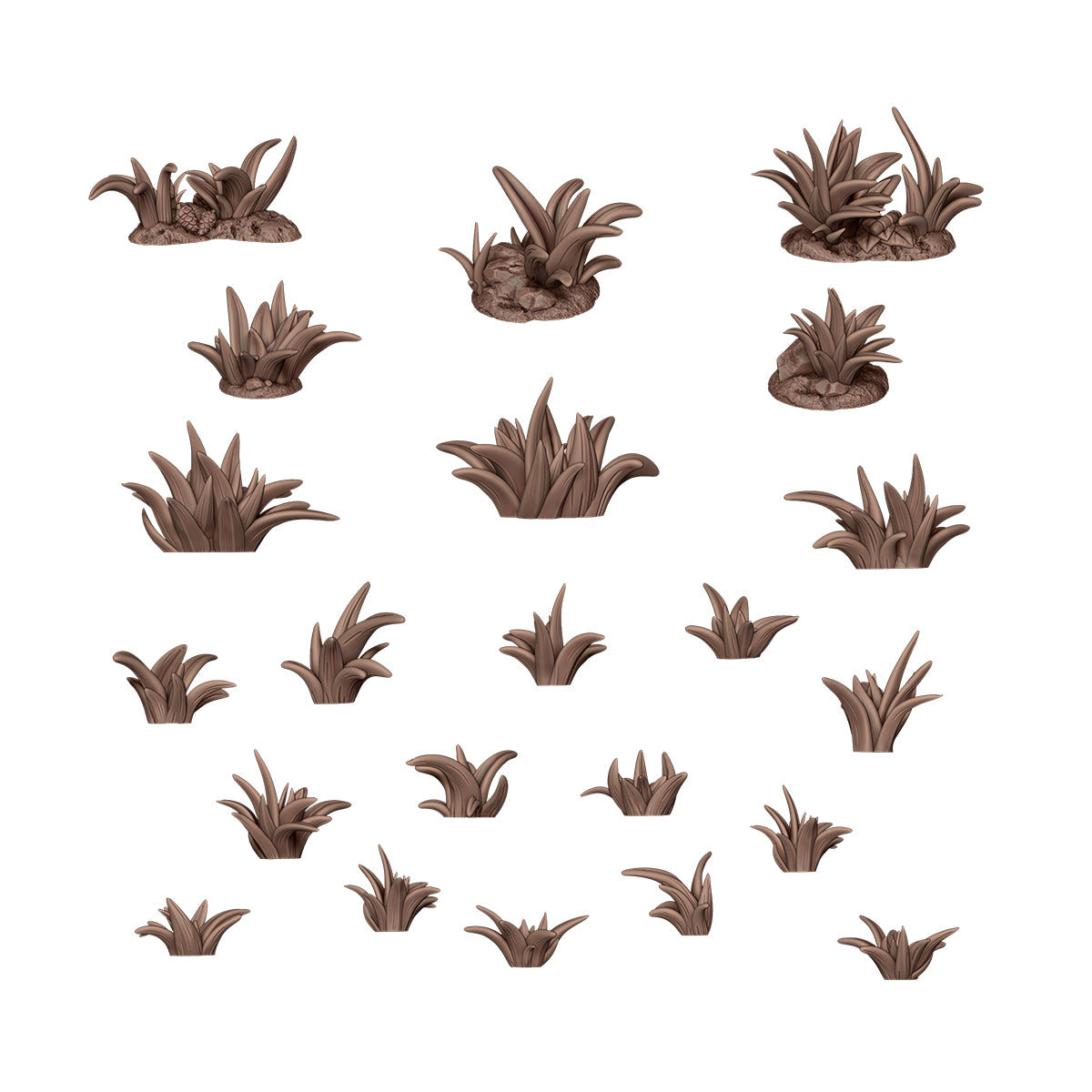 Collection of stylized brown foliage clumps and grass tufts against a white background