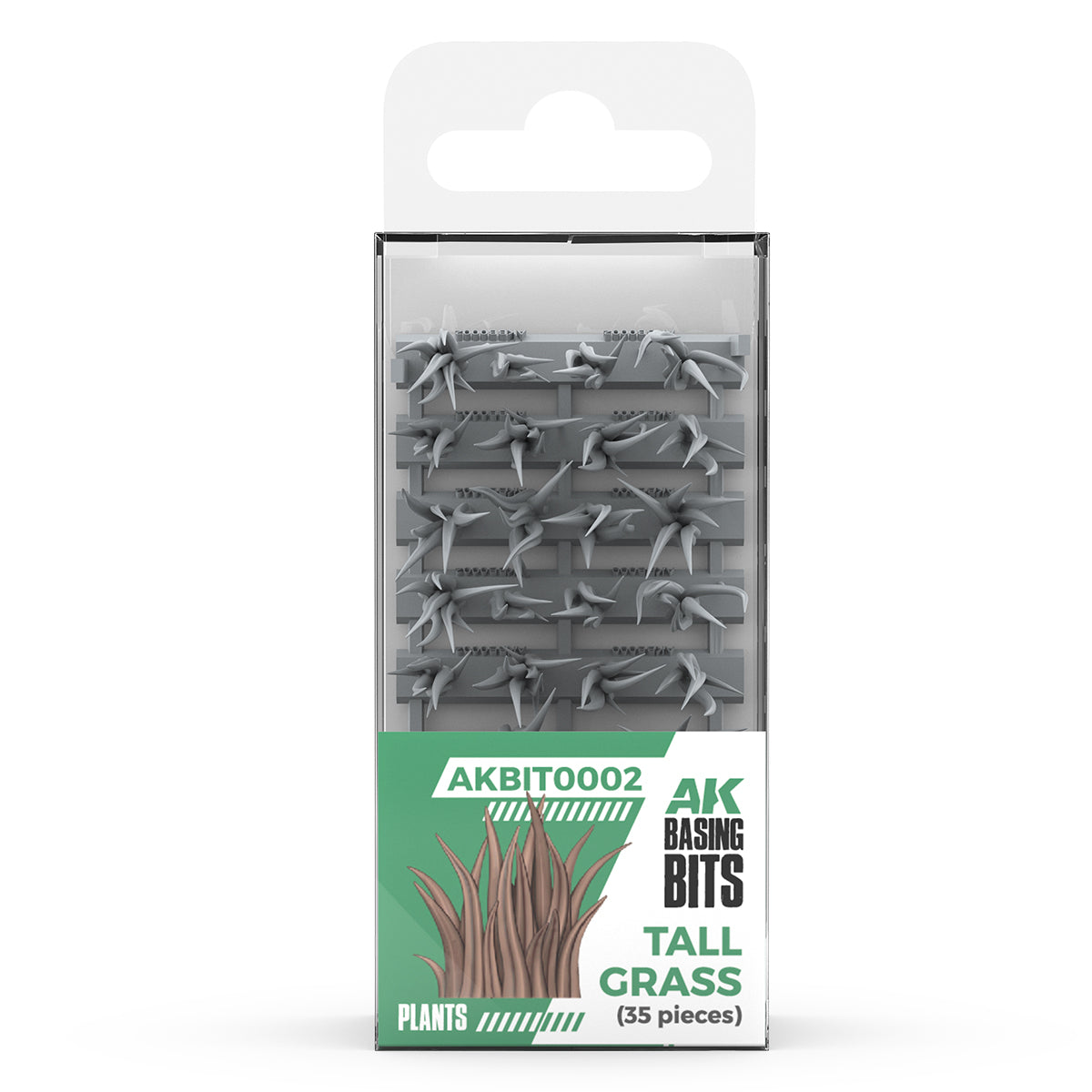 Box of AK Basing Bits, containing 35 gray plastic tall grass plants for miniature basing