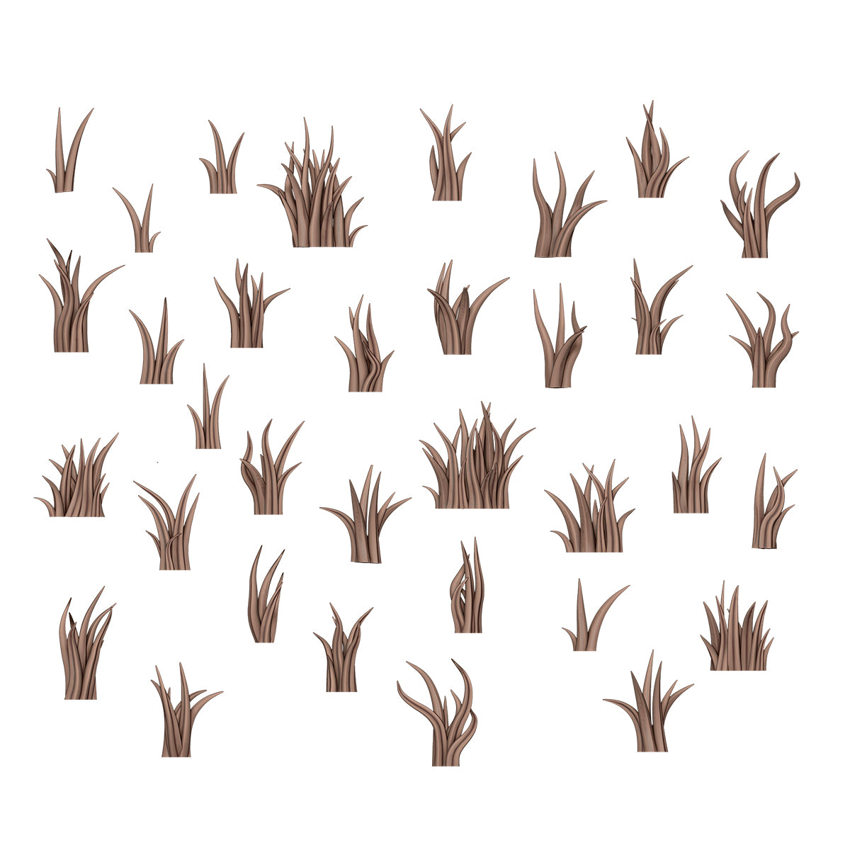 Scattered groups of stylized brown grass clumps and individual blades on a white background