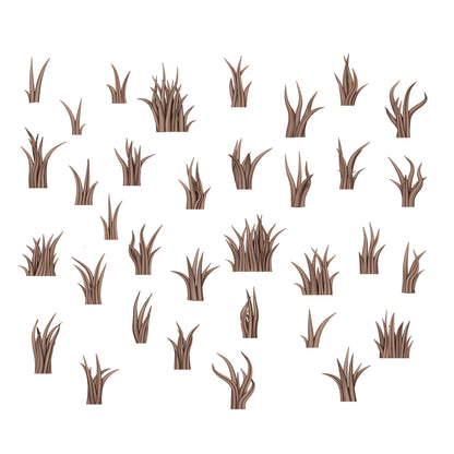 Scattered groups of stylized brown grass clumps and individual blades on a white background