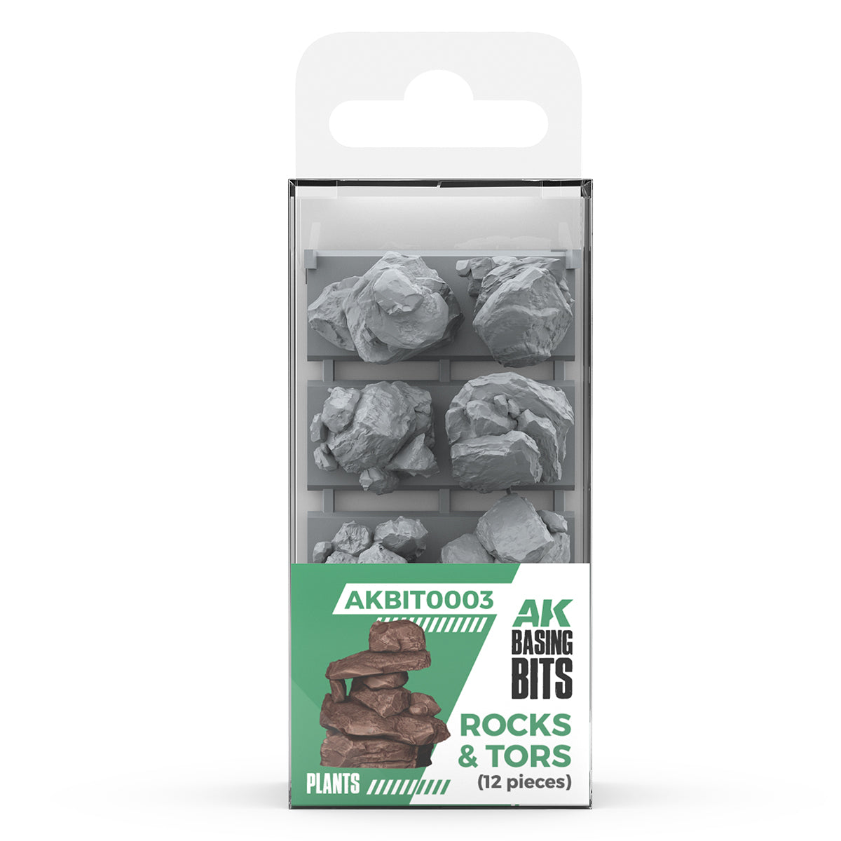 AK Basing Bits: Rocks & Tors plastic kit package showing grey, unpainted miniature scenery boulders