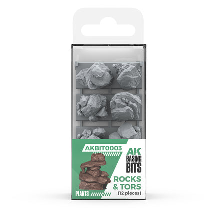 AK Basing Bits: Rocks & Tors plastic kit package showing grey, unpainted miniature scenery boulders