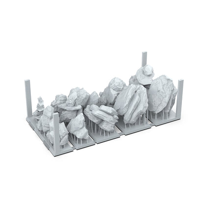 Gray 3D model of assorted rocky rubble piled onto connected support bases for 3D printing