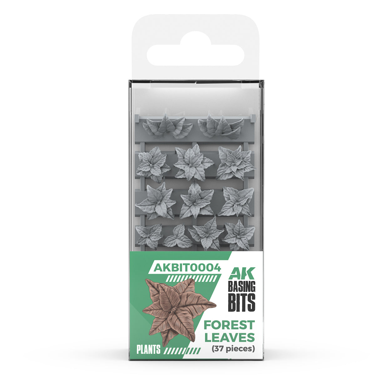 Package shows 37 unpainted grey plastic miniature leaves on sprue