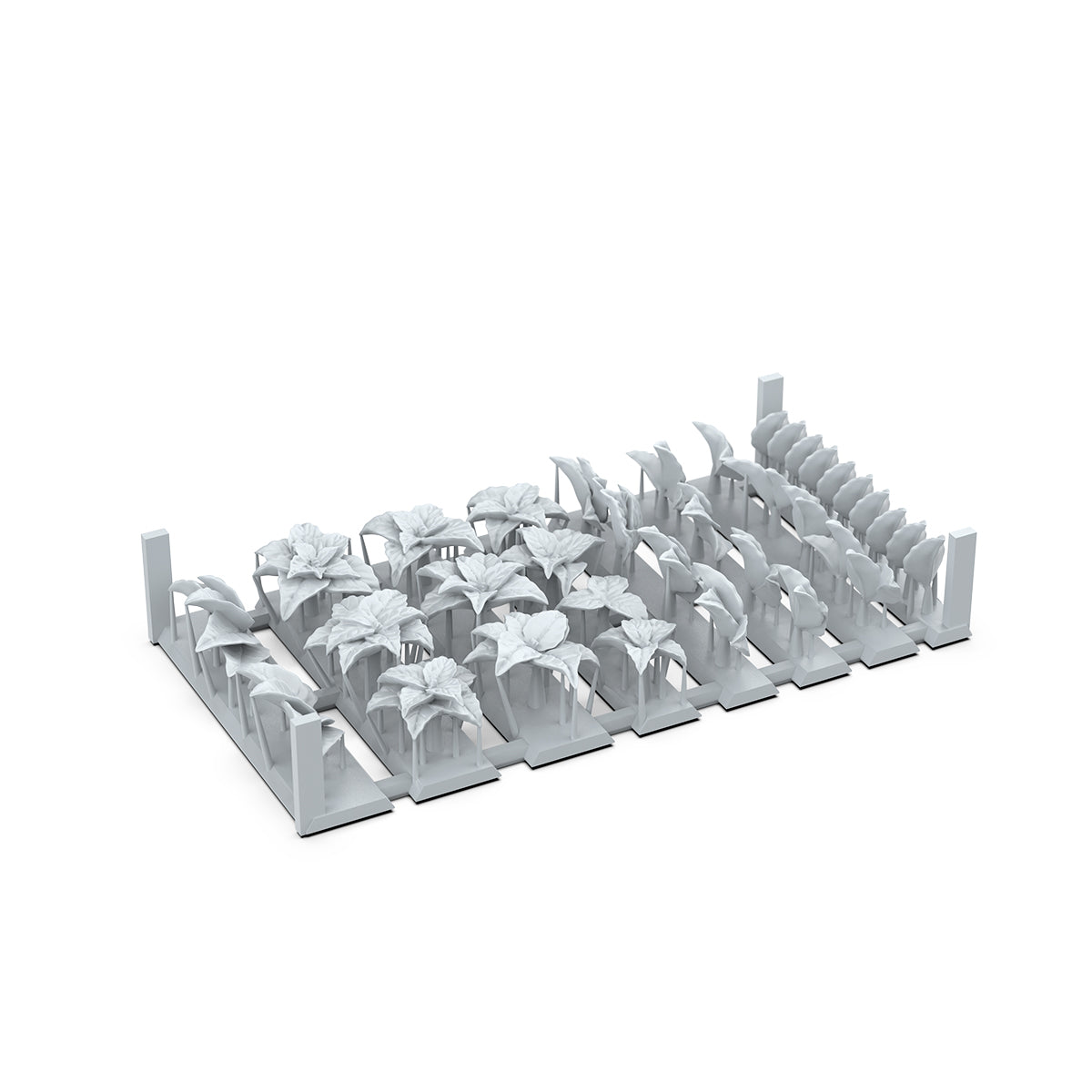 3D render of a grid of white miniature plant models on individual bases