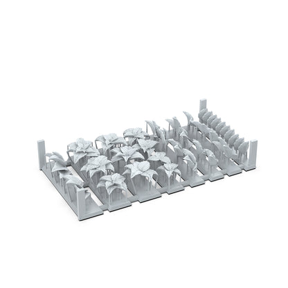 3D render of a grid of white miniature plant models on individual bases