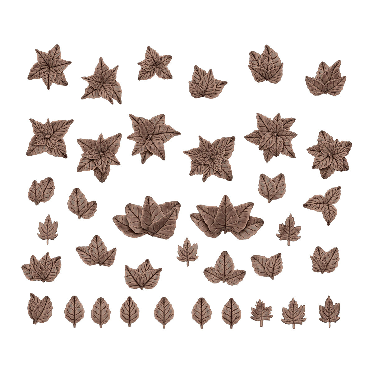 Assortment of embossed brown foliage and star-shaped chocolate decorations