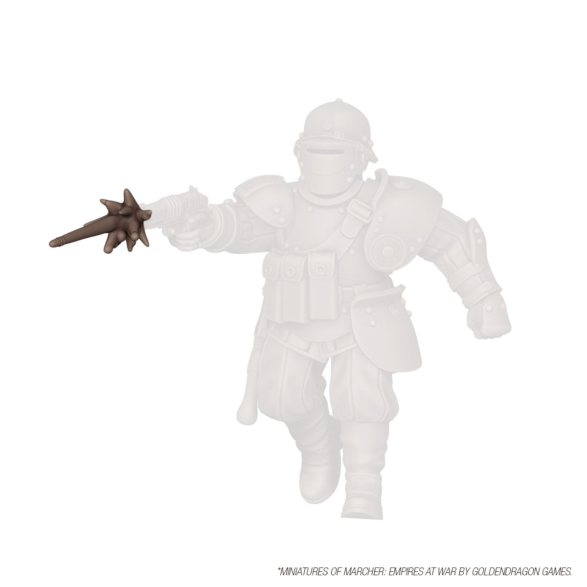 Dark brown spiked mace weapon bit accessory held by an armored wargaming miniature model