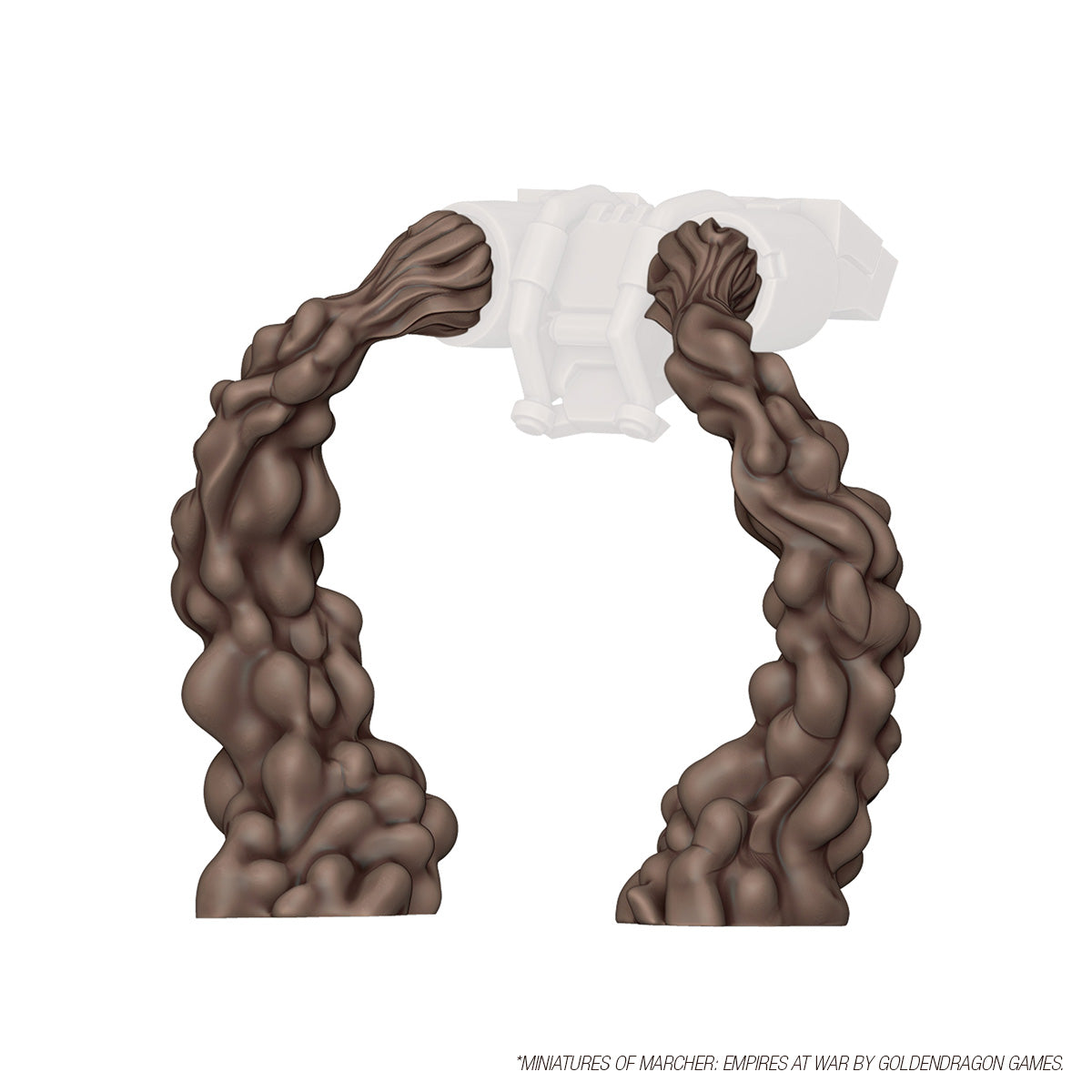 Miniature accessory: Two thick, sculpted brown exhaust smoke plume effects attached to a vehicle component outline