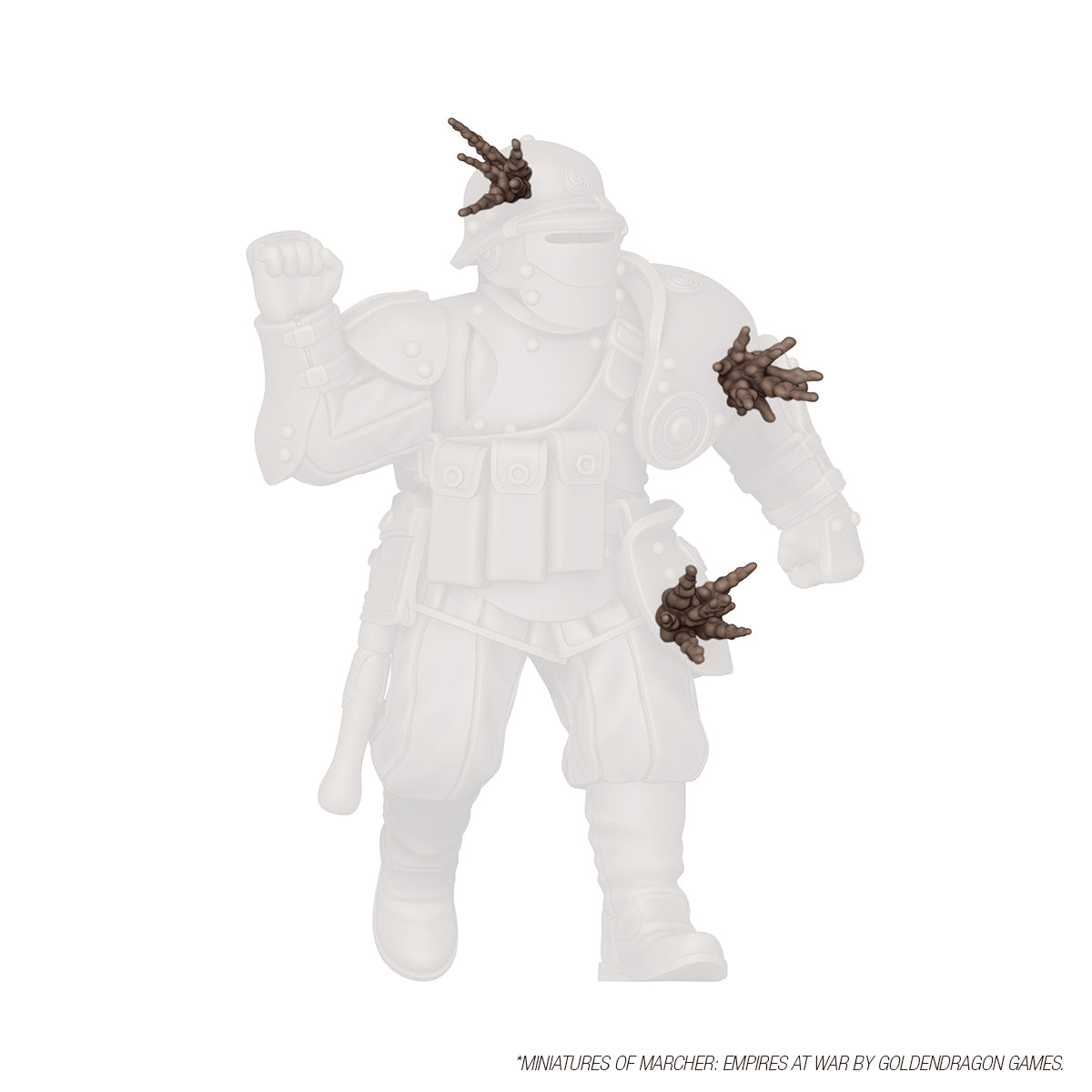 Three brown shrapnel impact effects near a translucent sci-fi soldier miniature