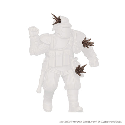 Three brown shrapnel impact effects near a translucent sci-fi soldier miniature