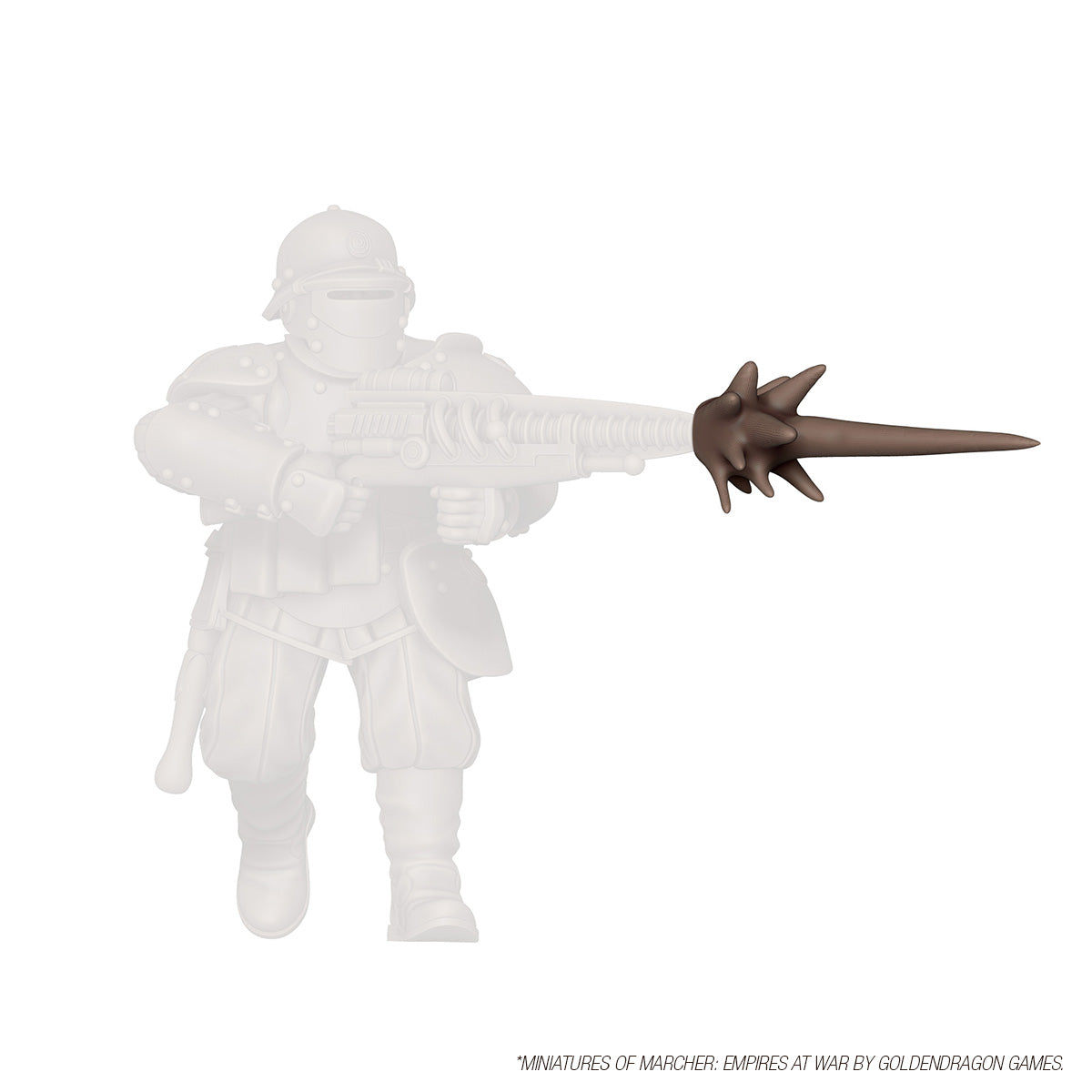 Miniature spiked dart muzzle attachment for wargaming rifle, brown material against a faint soldier figure