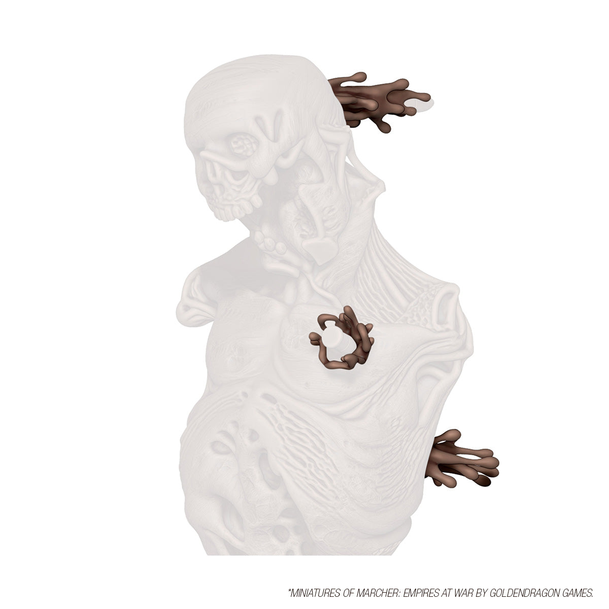 White skeletal 3D bust of a creature with dark brown, glossy tendrils emerging from the torso and head