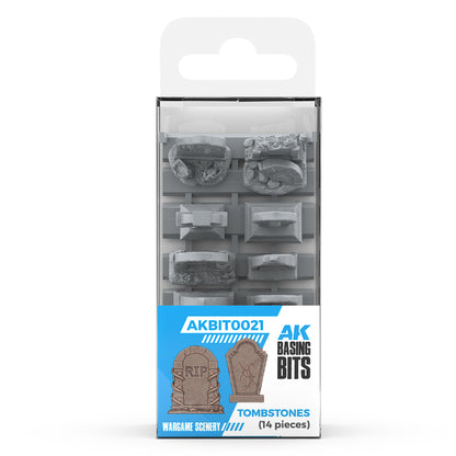 AK Basing Bits Tombstones (14 pieces) wargame scenery set, Grey plastic pieces molded as broken terrain and graveyard bases for miniatures