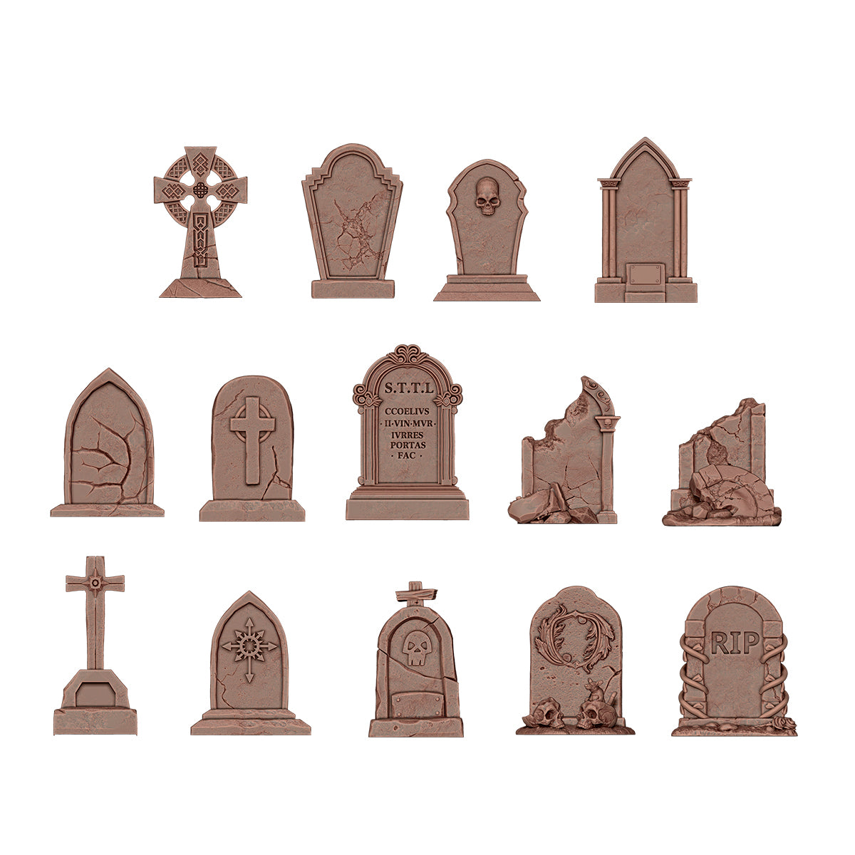 Fifteen stylized miniature gravestones, including crosses, skulls, detailed carvings, and broken cemetery ruins