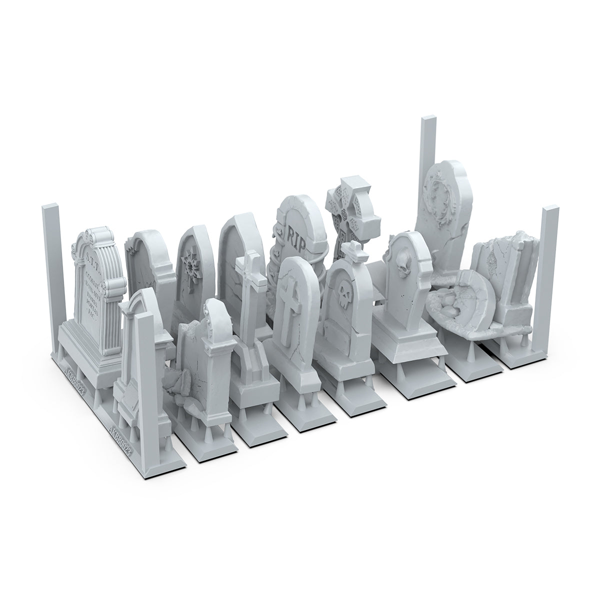 Miniature set of unpainted gothic gravestones and tombstones (cemetery terrain), includes skulls, crosses, and detailed stone work