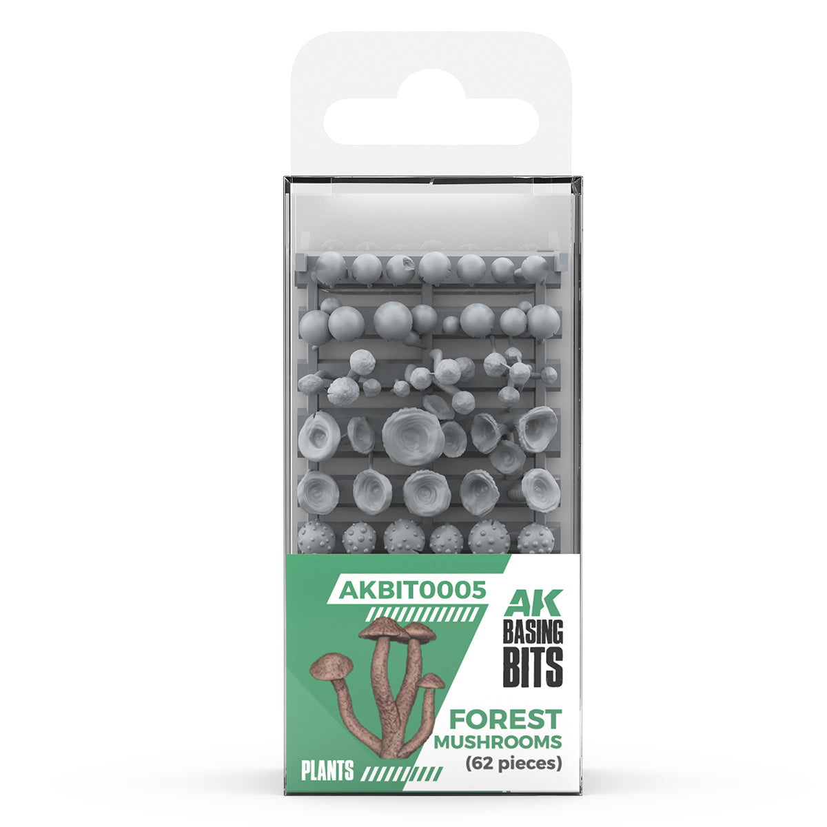 Packaged gray plastic sprues of miniature forest mushrooms (62 pieces) for model basing