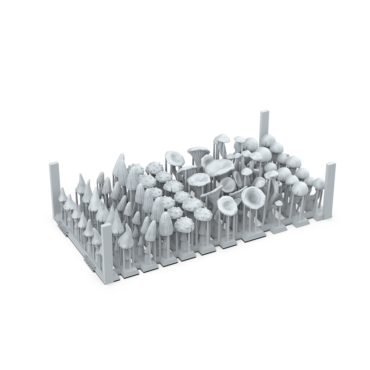 Gray miniature set featuring dozens of diverse fungi and mushrooms on a support base, against white background