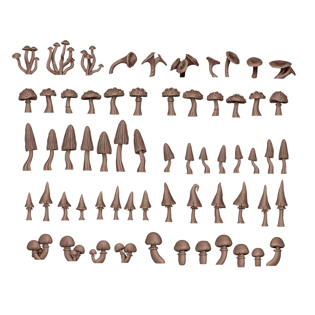 Set of numerous brown 3D-rendered mushrooms in diverse shapes and sizes, arranged in rows