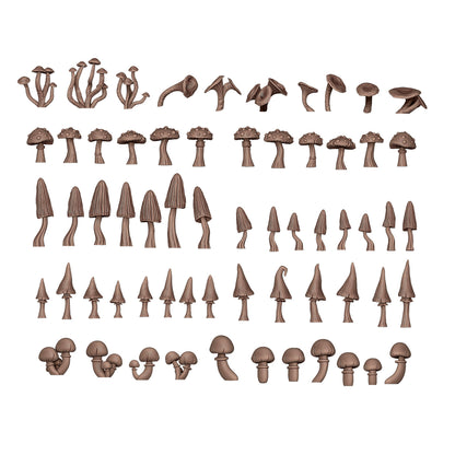 Set of numerous brown 3D-rendered mushrooms in diverse shapes and sizes, arranged in rows