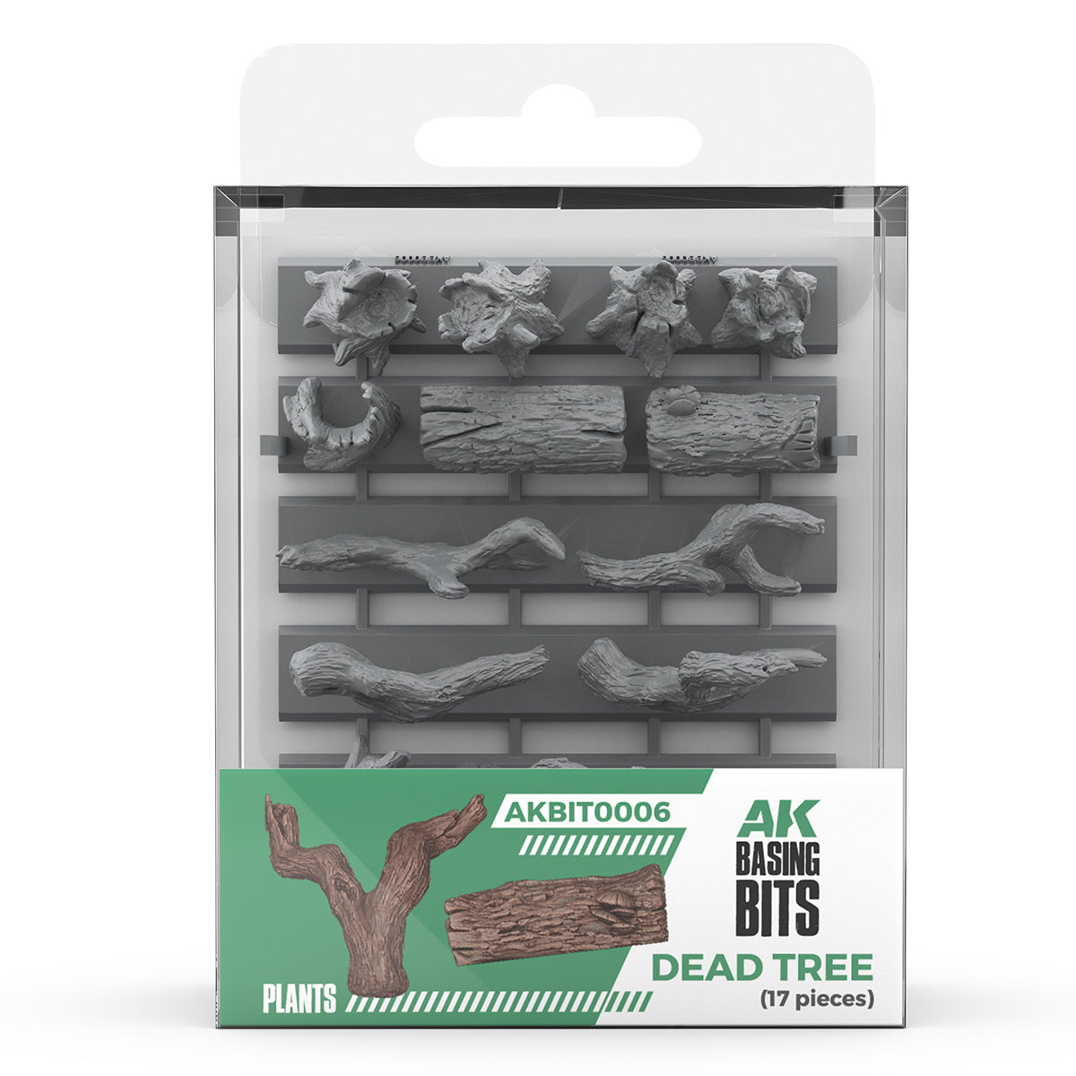 AK Basing Bits Dead Tree kit, 17 gray plastic model parts (logs/branches) in clear retail packaging