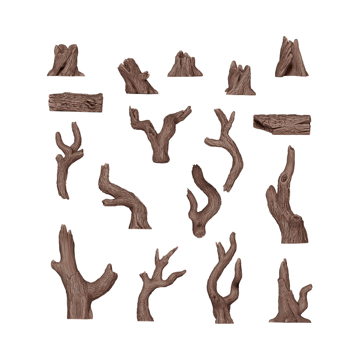Various brown miniature tree stumps, branches, and logs for terrain modeling accessories