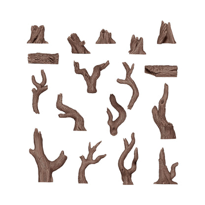 Various brown miniature tree stumps, branches, and logs for terrain modeling accessories