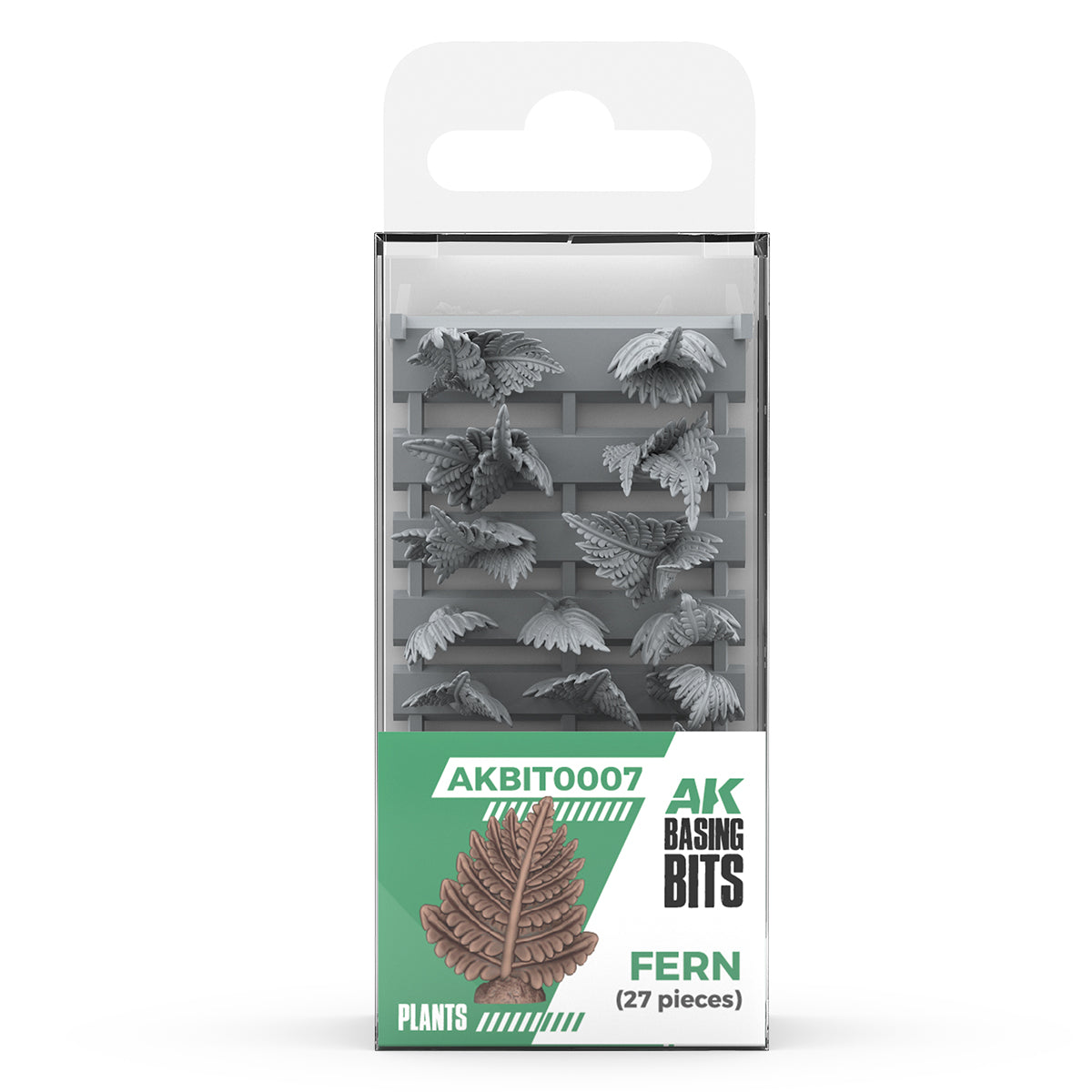 Package of 27 gray plastic fern leaves (AK Basing Bits) for miniature diorama scenery