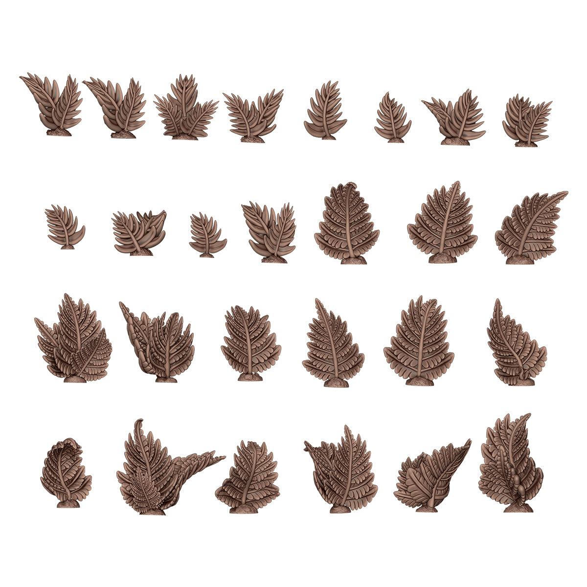 Thirty brown miniature fern and foliage sculpts arranged in rows