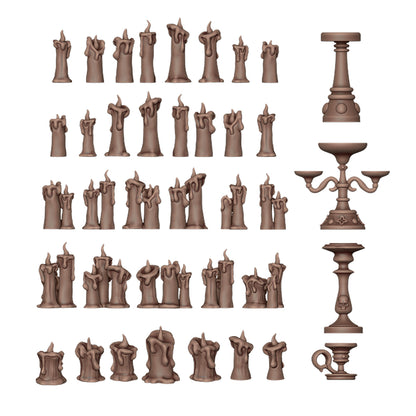 Brown 3D models of gothic melting candles and candle holders (candelabra, pedestals, skull stand) for TTRPG dungeon terrain