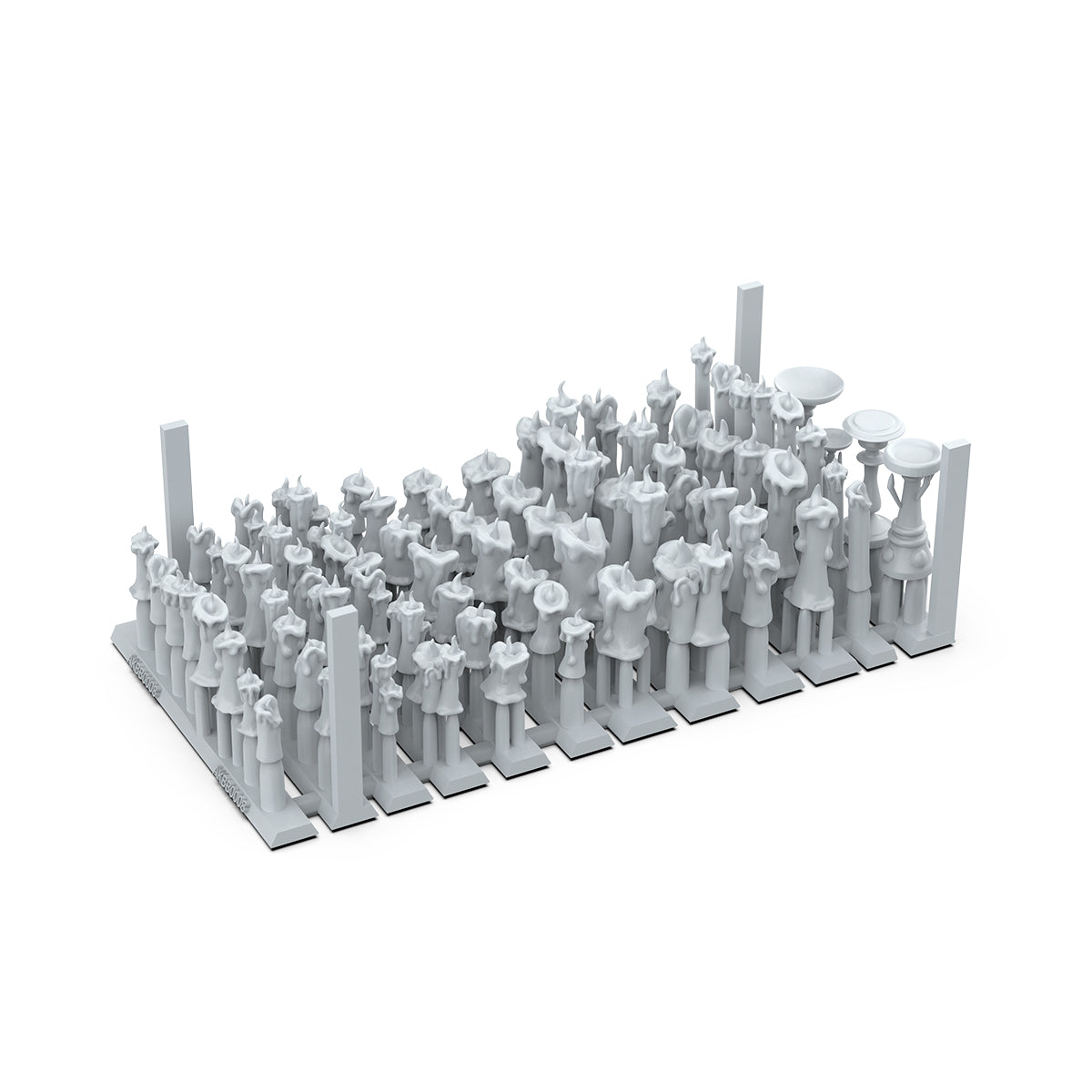 Unpainted 3D print sprue holding numerous miniature melted candles and candelabras for tabletop gaming accessories