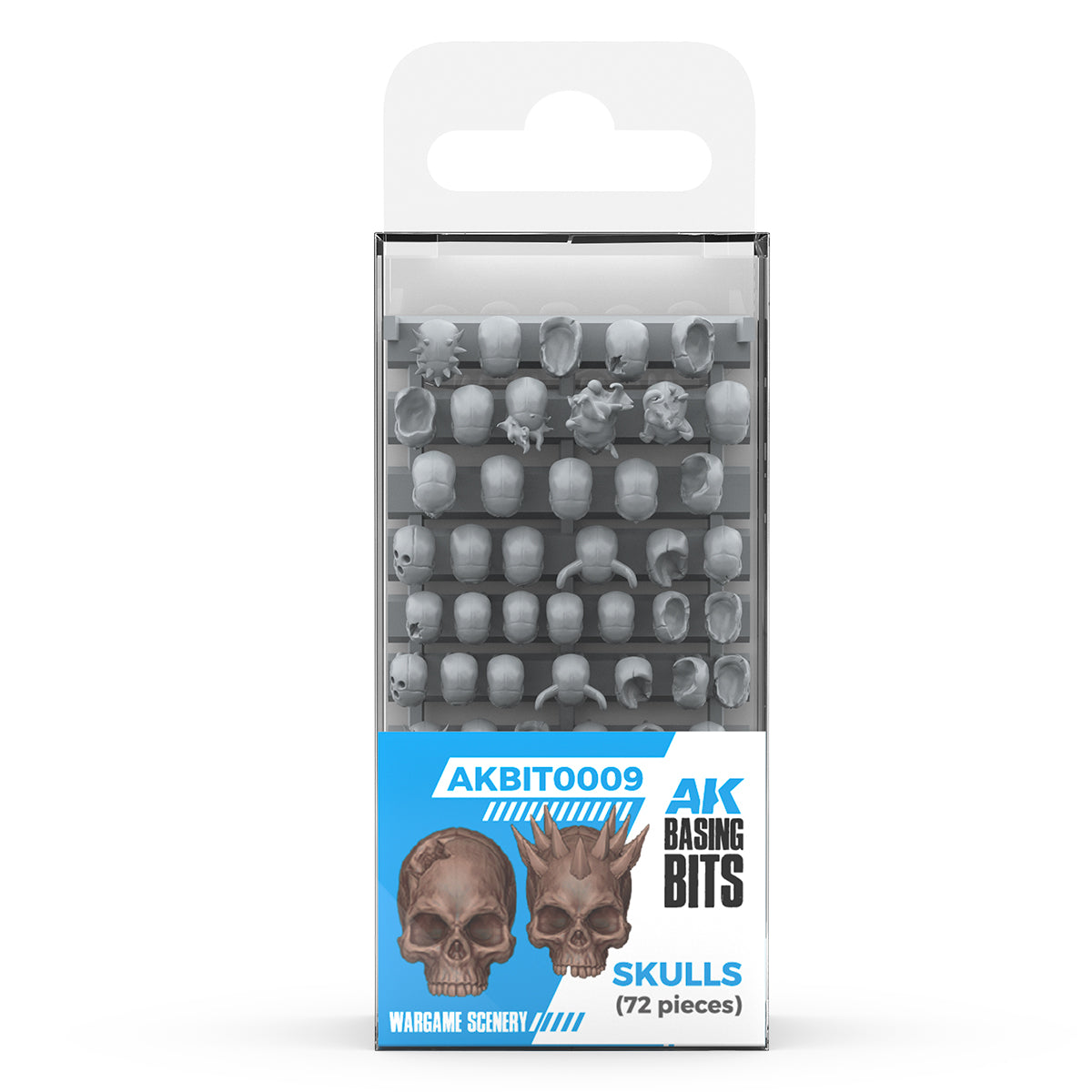 AK Basing Bits SKULLS set (72 pieces) for wargame scenery, packaged unpainted miniature skulls and head fragments for hobby models
