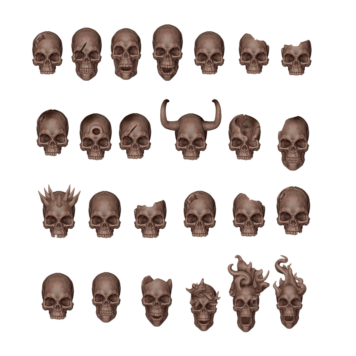 Grid of 24 detailed, dark fantasy skulls featuring cracks, horns, spikes, third eyes, and unusual grotesque modifications