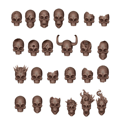Grid of 24 detailed, dark fantasy skulls featuring cracks, horns, spikes, third eyes, and unusual grotesque modifications