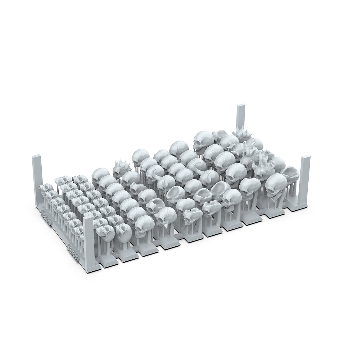 Grid of unpainted miniature skulls on resin printing supports for wargaming scale models