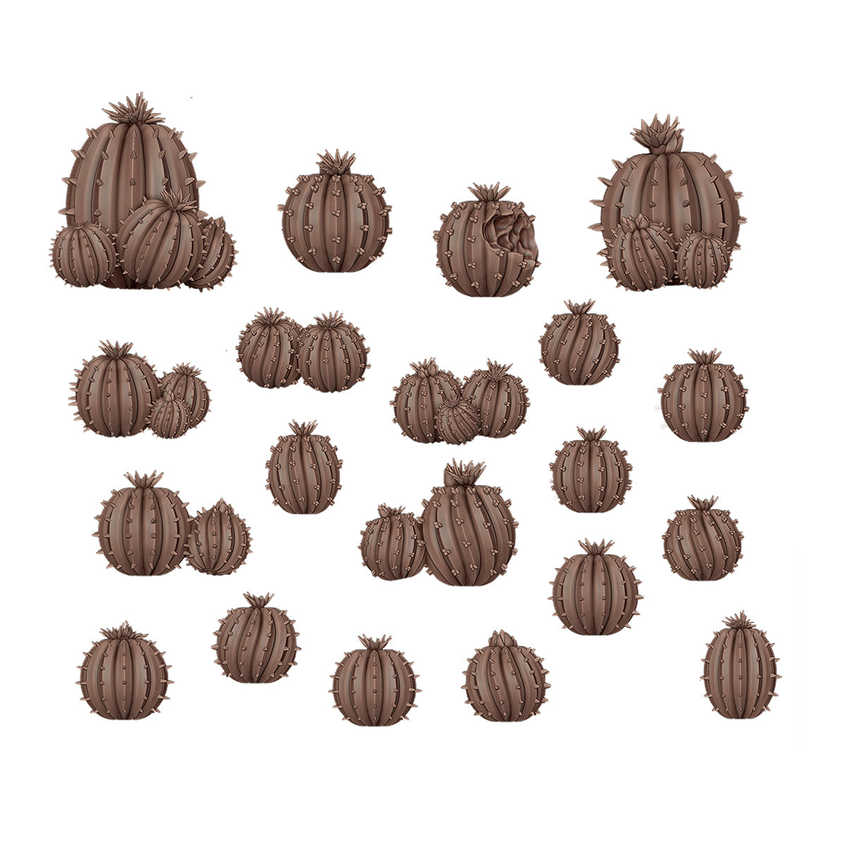 Collection of brown, round, spiked cacti illustrations and clusters against a white background