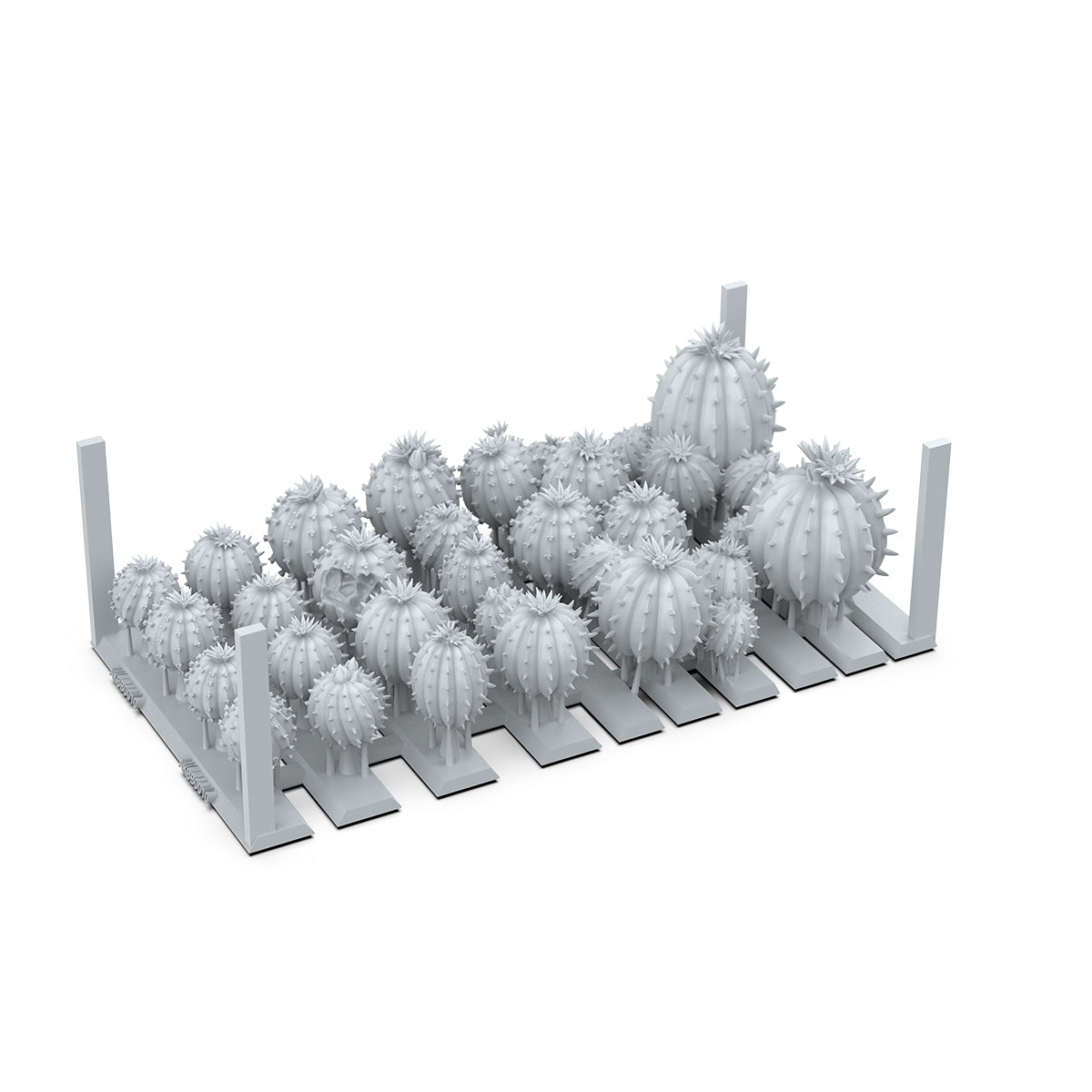 grey 3D print render of miniature spherical cacti models on support bases