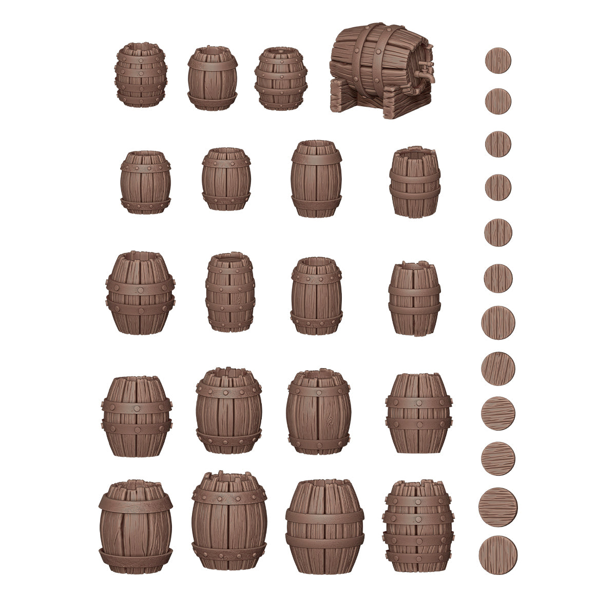 Collection of 3D models: Various wooden barrels, casks, kegs, and lids, including a large dispensing barrel on a stand