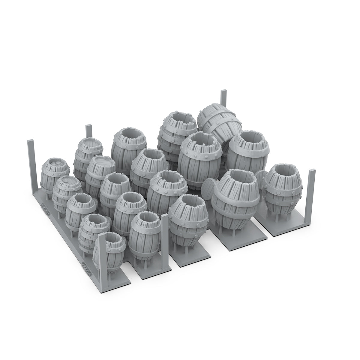 Unpainted miniature barrels and casks set for 3D printing or RPG terrain